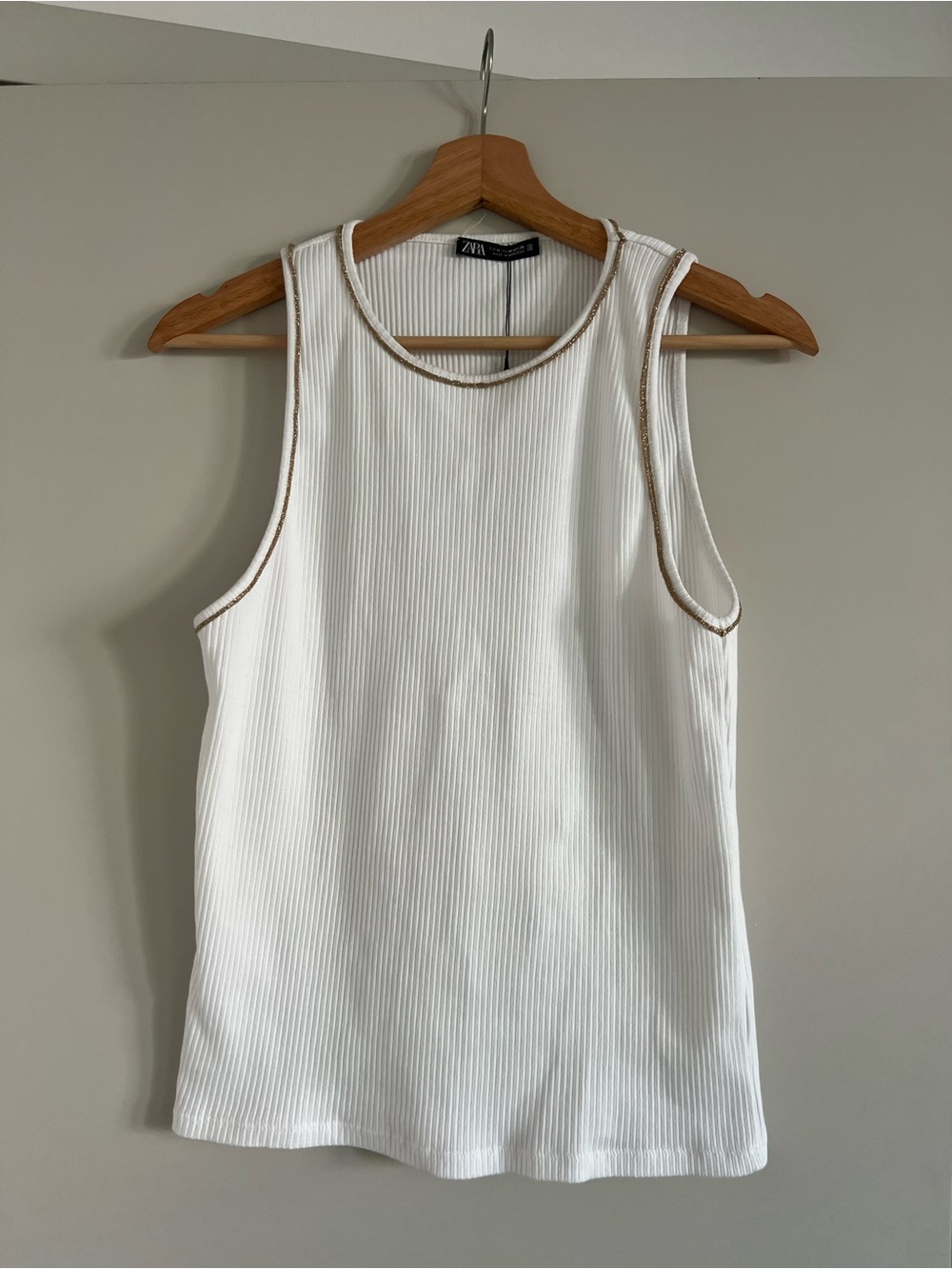Zara White Ribbed Tank with Gold Trim Size M